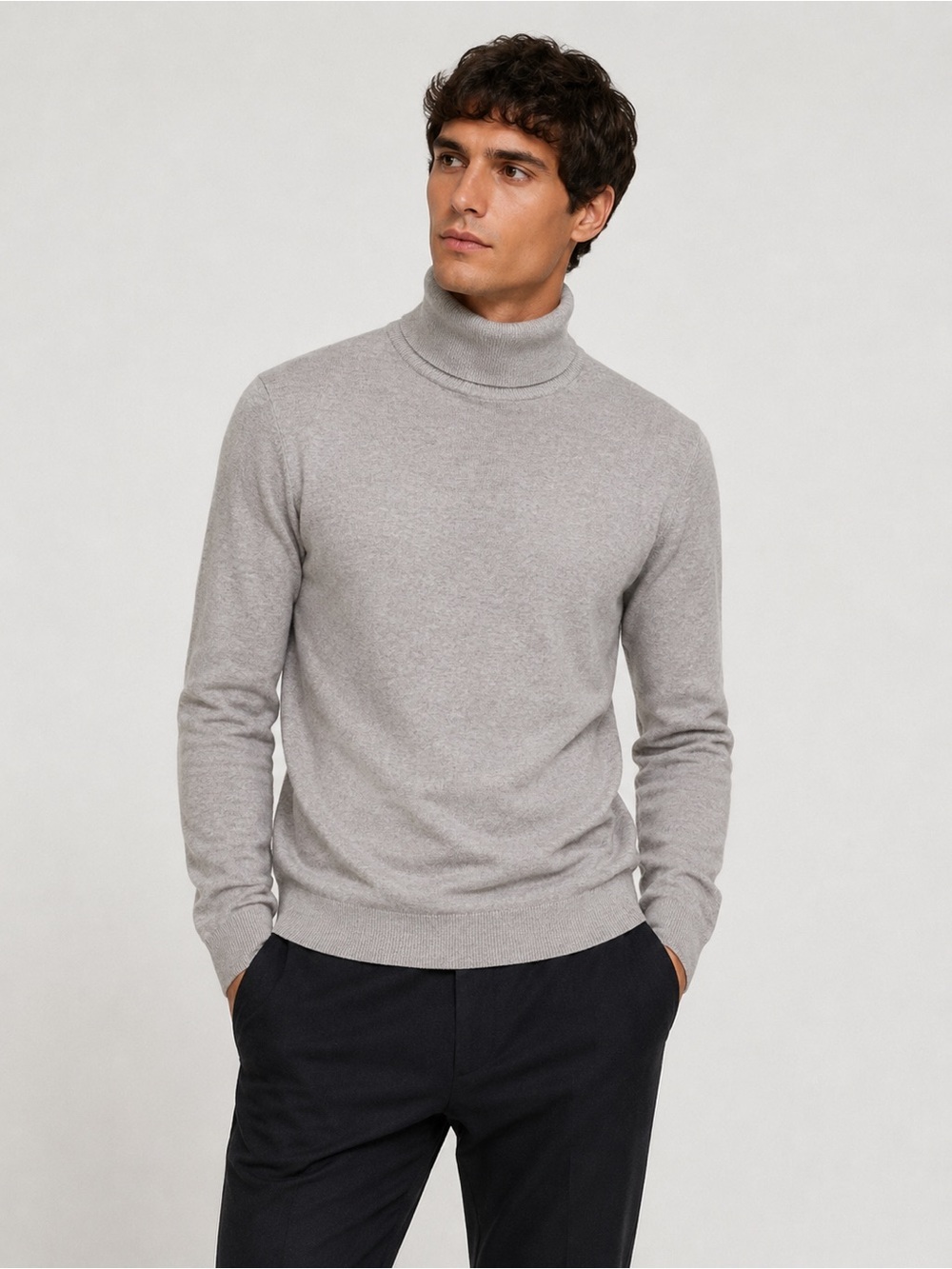 H&M Men’s Slim Fit Turtleneck Sweater 100% Cotton Heather Beige Size M